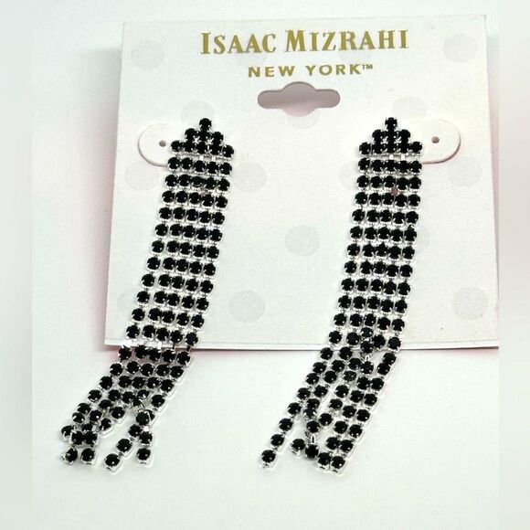 ISAAC MIZRAHI Silver Tone Black Crystal Dangling Post  Earrings - Picture 2 of 7